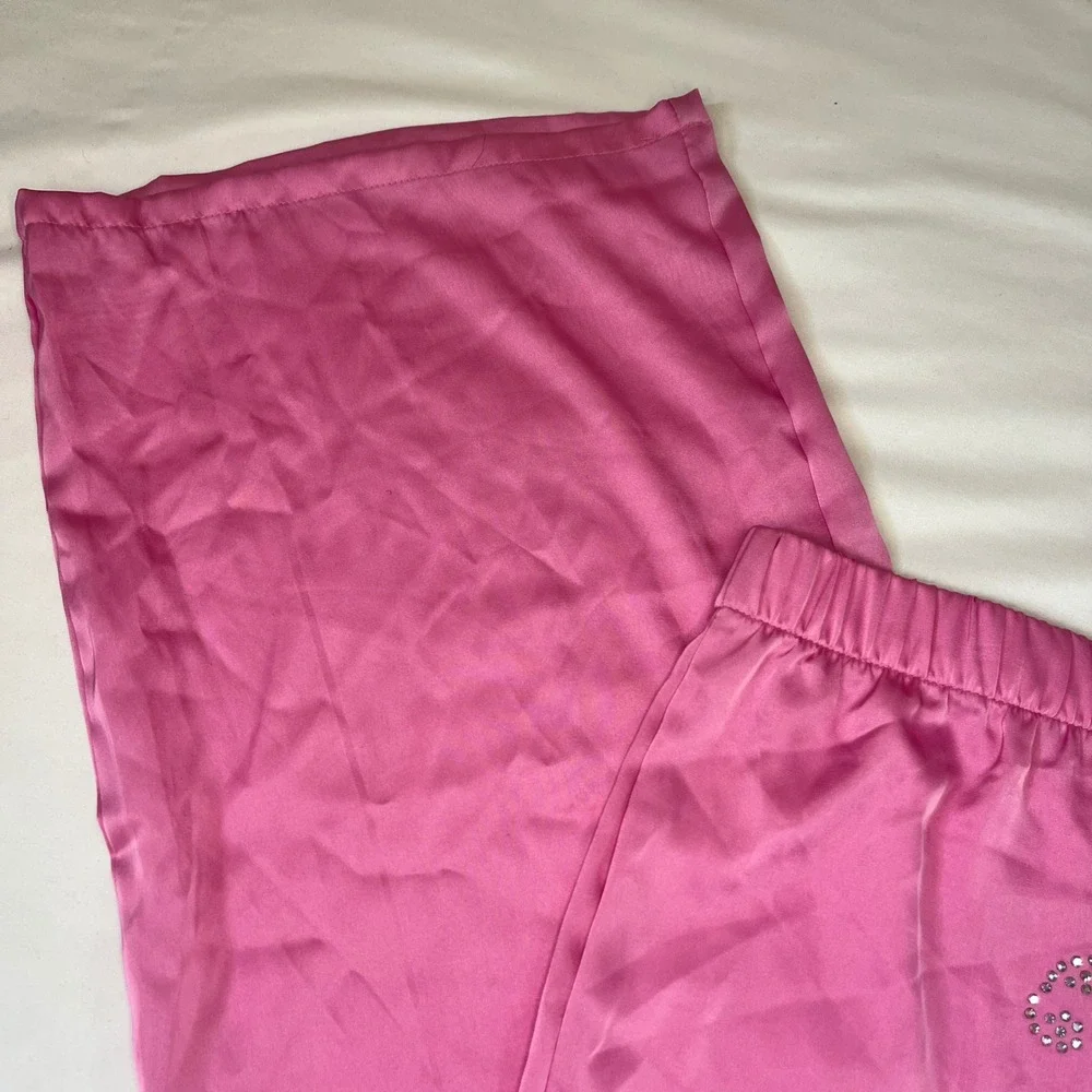 Juicy Couture Pink Satin Rhinestone Logo Pajama Pants Wide Leg Sleepwear Large
